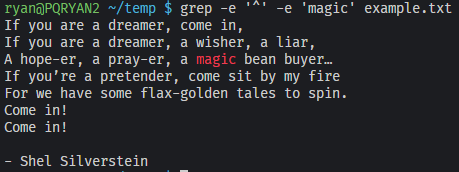 Results showing the whole file but with the word "magic" highlighted in color.