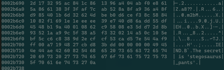 A screenshot of the output of hexdump, showing rows of hex data with a sidebar of ASCII text.
